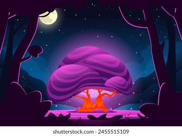 Cartoon fairytale forest landscape. Magic big tree bizarre shape. Fantasy night glade. Purple luminous plant. Mystical scenery. Midnight sky. Game botanical elements