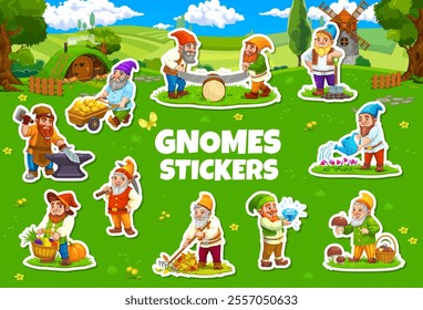 Cartoon fairytale gnome characters stickers pack of dwarfs in village town, vector personages. Gnomes or little dwarf stickers of gardener farmer with harvest, gems miner and blacksmith or woodworker