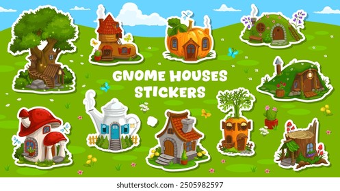 Cartoon fairytale gnome and elf house buildings stickers. Vector set of patches depicting whimsical treehouse, mushroom, teapot and carrot, stump, old boot, pumpkin and hillock in a green landscape