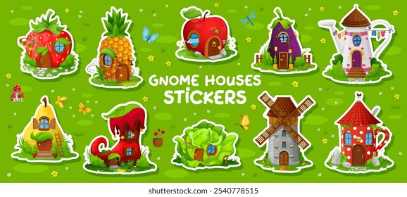 Cartoon fairytale gnome home building stickers. Vector fairy houses and cottages of gnome, elf, dwarf or hobbit, fantasy forest village buildings stickers pack. Cute apple, boot and tea cup homes set