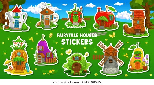 Cartoon fairytale gnome house buildings stickers of dwarf homes, vector icons. Kids cartoon stickers of dwarf houses, huts and shelters in apple or old boot, teapot and strawberry or mill and cabbage