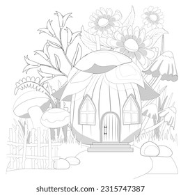 Cartoon fairytale hazelnut house, mushrooms, nuts, flowers, leaves. Coloring book page for adults. Vector illusrtation