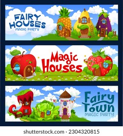 Cartoon fairytale house building, vector banners with fantasy magic houses and dwellings. Cute homes on green field. Boot, pear and cabbage. Apple, strawberry, eggplant, pineapple and watering can