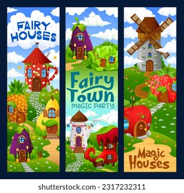 Cartoon fairytale house buildings, magic houses and dwellings. Vector banners with fairy village, gnome and elf homes. Cup, boot, windmill and apple. Strawberry, eggplant, pear, cabbage and pineapple