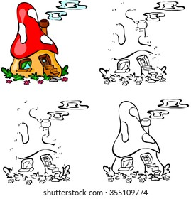 Cartoon fairytale house. Vector illustration. Coloring and dot to dot educational game for kids