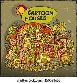 Cartoon fairy-tale houses card. Creative vector