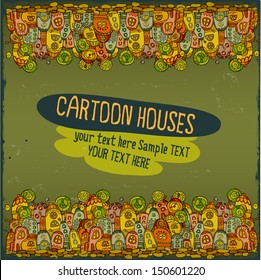 Cartoon fairy-tale houses card. Creative vector