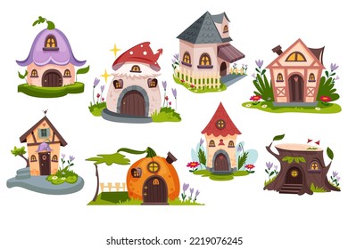 Cartoon fairytale houses. Cute dwellings or buildings set of gnome, dwarf or elf. Magic forest village with beautiful agaric mushroom, pumpkin and stump homes in green garden or fantasy wood.