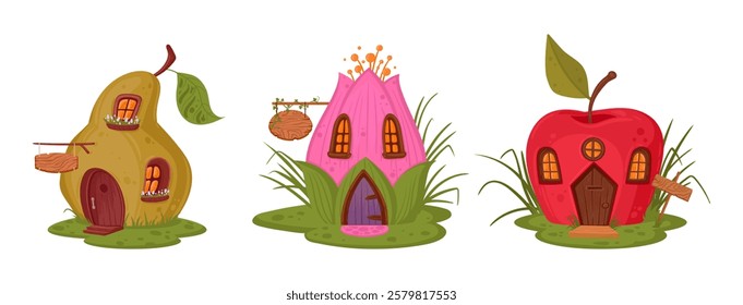 Cartoon fairytale houses. Flower bud, apple and pear fruit cabins, magic fairy little cottages flat vector illustration set. Fantasy cute houses