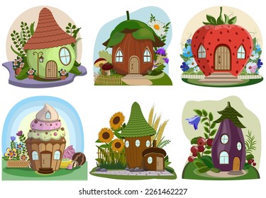 Cartoon fairytale houses for little animals and fantasy inhabitants.  Apple, nut, strawberry, cupcake, acorn, eggplant. Vector illustration