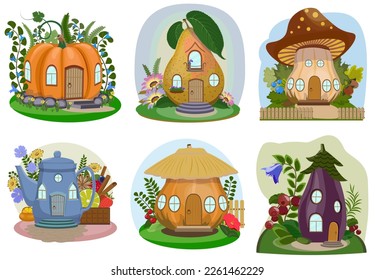 Cartoon fairytale houses for little animals and fantasy inhabitants.  Pumpkin, pear, mushroom, tea pot, eggplant. Vector illustration