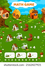 Cartoon fairytale houses on math game worksheet. Education maze with addition and subtraction task, preschool kids riddle or children maze with fairy tree, hive and acorn, boot, teapot dwellings