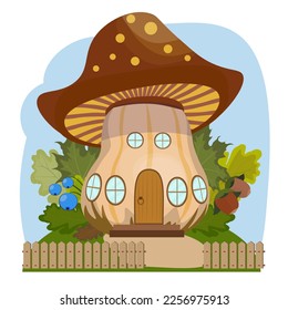 Cartoon fairytale mushroom  house for little animals and fantasy inhabitants.  Vector illustration