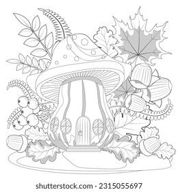 Cartoon fairytale mushroom house, maple and oak leaves, nuts, acorns, berries. Coloring book page for adults. Vector illusrtation