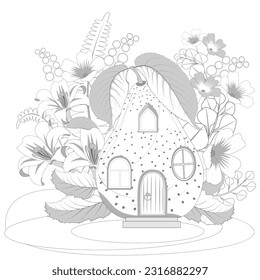 Cartoon fairytale pear house with  flowers, leaves, branches. Coloring book page for adults. Vector illusrtation