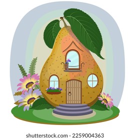 Cartoon fairytale pear house for little animals and fantasy inhabitants.  Vector illustration