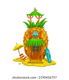 Cartoon fairytale pineapple house building. Tropical fruit fantasy dwelling, shack or isolated vector hut. Summer vacation fairy bungalow on beach with lounge chair, parasol and surfing board on