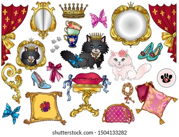 Cartoon fairytale princess cats set. Cute, happy pet. Frames, curtains, fashion accessories, shoes, bags. Isolated vector illustrations for custom design, card, textile print, stickers, coloring book