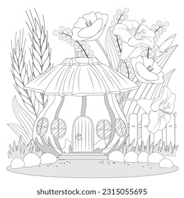 Cartoon fairytale pumpkin house, fence, flowers, leaves, wheat ears. Coloring book page for adults. Vector illusrtation