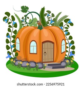 Cartoon fairytale pumpkin house for little animals and fantasy inhabitants.  Vector illustration