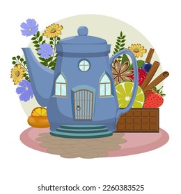 Cartoon fairytale teapot  house for little animals and fantasy inhabitants.  Vector illustration