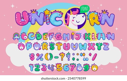 Cartoon fairytale unicorn font. Magic funny horse type, cute characters typeface on rainbow vector background. Alphabet letters and numbers with cute unicorn animals, princess crowns and magic wand