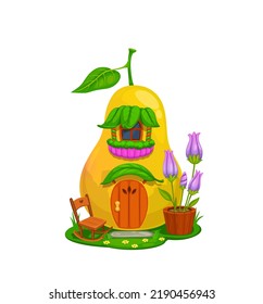 Cartoon fairytale yellow pear house building. Pixie, gnome or dwarf fairy creature dwelling inside ripe pear fruit. Fantasy home, hut or shack with wooden door, balcony, flower pot and rocking chair