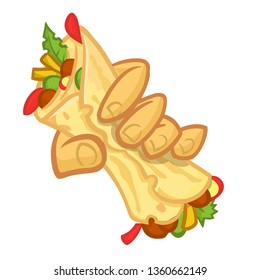 Cartoon falafel roll in a hand. Vector illustration of hand holding falafel. Isolated