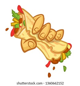 Cartoon falafel roll in a hand. Vector illustration of hand holding falafel. Isolated