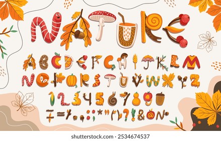 Cartoon fall autumn font, Thanksgiving type, autumnal funny alphabet letters and numbers of autumn leaves, mushrooms, raindrops. Vector typography alphabet characters font, thanksgiving pie and apples