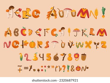 Cartoon fall autumn thanksgiving font, type or alphabet. Vector abc typography and signs set. Tree leaves, sweater, worm, umbrella, apple and mushroom, acorn, sock and pumpkin cute letters, numbers