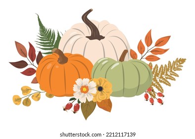 Cartoon fall floral arrangement with colorful pumpkins, flowers, and forest leaves. Isolated on white background. Seasonal harvest illustration