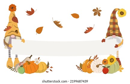 Cartoon fall harvest gnomes holding an empty banner with space for text, pumpkin arrangements, and fallen leaves. Isolated on white background. Fall harvest festival design.
