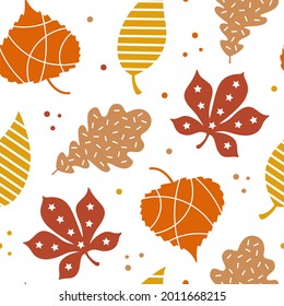 Cartoon fall leaves with ornament, seamless pattern. Autumn theme background. Abstract flat design. Back to school, autumn park wallpaper. 