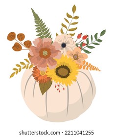 Cartoon fall pastel white pumpkin with flowers and forest leaves clipart. Isolated on white background. Seasonal autumn design for greeting or poster.