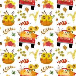 Cartoon Fall Red Harvest Truck, Colorful Pumpkin Arrangement, Sunflowers, Dry Forest Leaves. Harvest, Thanksgiving Day Theme Design. Isolated On White Background.