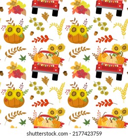 Cartoon fall red harvest truck  colorful pumpkin arrangement  sunflowers  dry forest leaves  Harvest  Thanksgiving day theme design  Isolated white background 