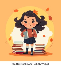 La caricatura cae como ilustración vectorial con una linda niña con una mochila sosteniendo libros. De vuelta al concepto educativo escolar con acogedoras vibraciones de otoño. Niño de estilo plano con libros y colores de otoño vibrantes.