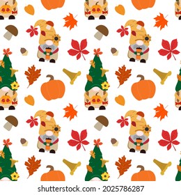 Cartoon Fall Vector Seamless Pattern With Gnomes, Orange Pumpkins, Coffee Cup, Forest Mushrooms, Dry Fallen Leaves. Isolated On White Background.