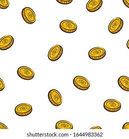Cartoon falling coins seamless pattern on white background. Vector illustration EPS 8. Line art