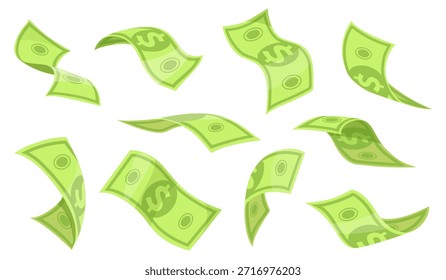 Caricatura cayendo dólares. Billete de dólar volador, dinero en efectivo lluvia aire flotante papel moneda billetes de banco americanos billetes verdes, concepto de riqueza de bonificación financiera Ilustración vectorial ordenada