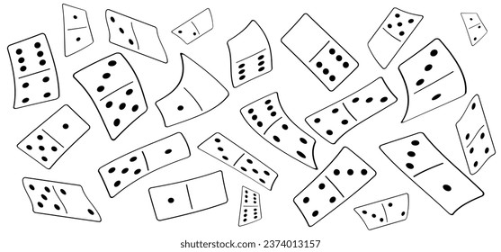 Cartoon fällt Domino-Fliesen. Klassische Dominosteine, Piktogramm des Domino. Spielen, Teile des Spiels volle Knochen Kacheln. Schwarz-Weiß-Domino. Vektorset. 28 Stück. Weißer Stechchip für das Spielen an Bord. 