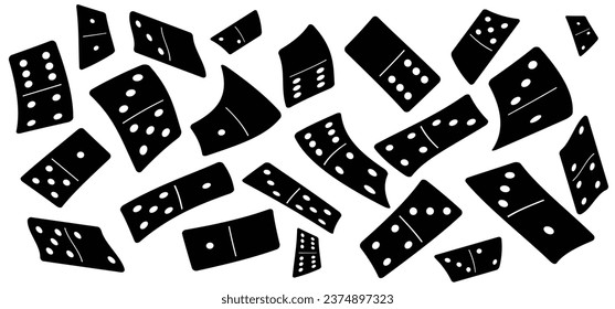 Cartoon falling domino tiles. Classic dominoes, domino's pictogram. Playing, parts of game full bones tiles. Black, white domino. Vector set. 28 pieces. White chip of domino on board for gambling. 