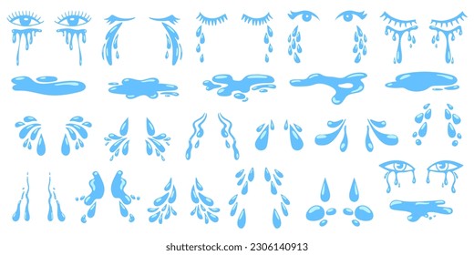 Cartoon falling isolated tears, raindrops dripping. Teardrop from eye, water droplet of sweat. Cry eyes, sprashes and puddle neoteric vector set