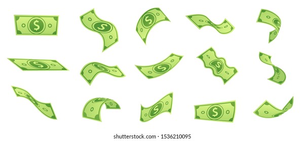 Cartoon falling money bills. Flying green dollar bill, 3d cash and usd currency. American money float banknotes, banking finance investment or jackpot win. Isolated vector symbols set
