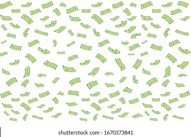 Cartoon falling money bills. Flying green dollar bill, 3d cash and us currency.