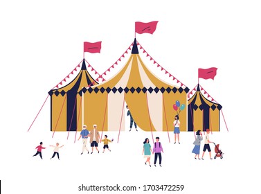 Familias de caricaturas y niños caminando cerca de una carpa de circo aislados en fondo blanco. Los felices que pasan tiempo juntos disfrutan de la ilustración plana vectorial del entretenimiento. Persona en la feria al aire libre