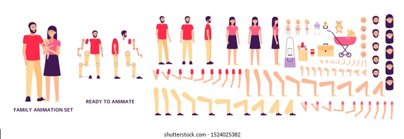 Cartoon family animation set - isolated man, woman and baby from front and side view with different pose arms, legs and face emotions. Flat vector illustration.