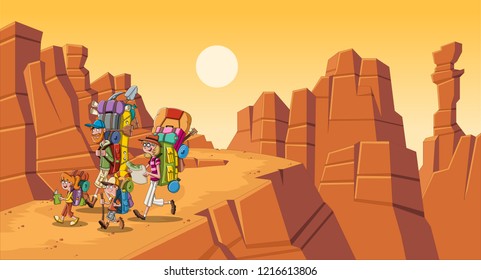 Cartoon family with big backpacks in the desert. People hiking on canyon background.