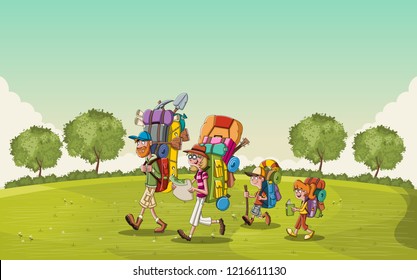 Cartoon family with big backpacks on green park. People hiking on nature background.